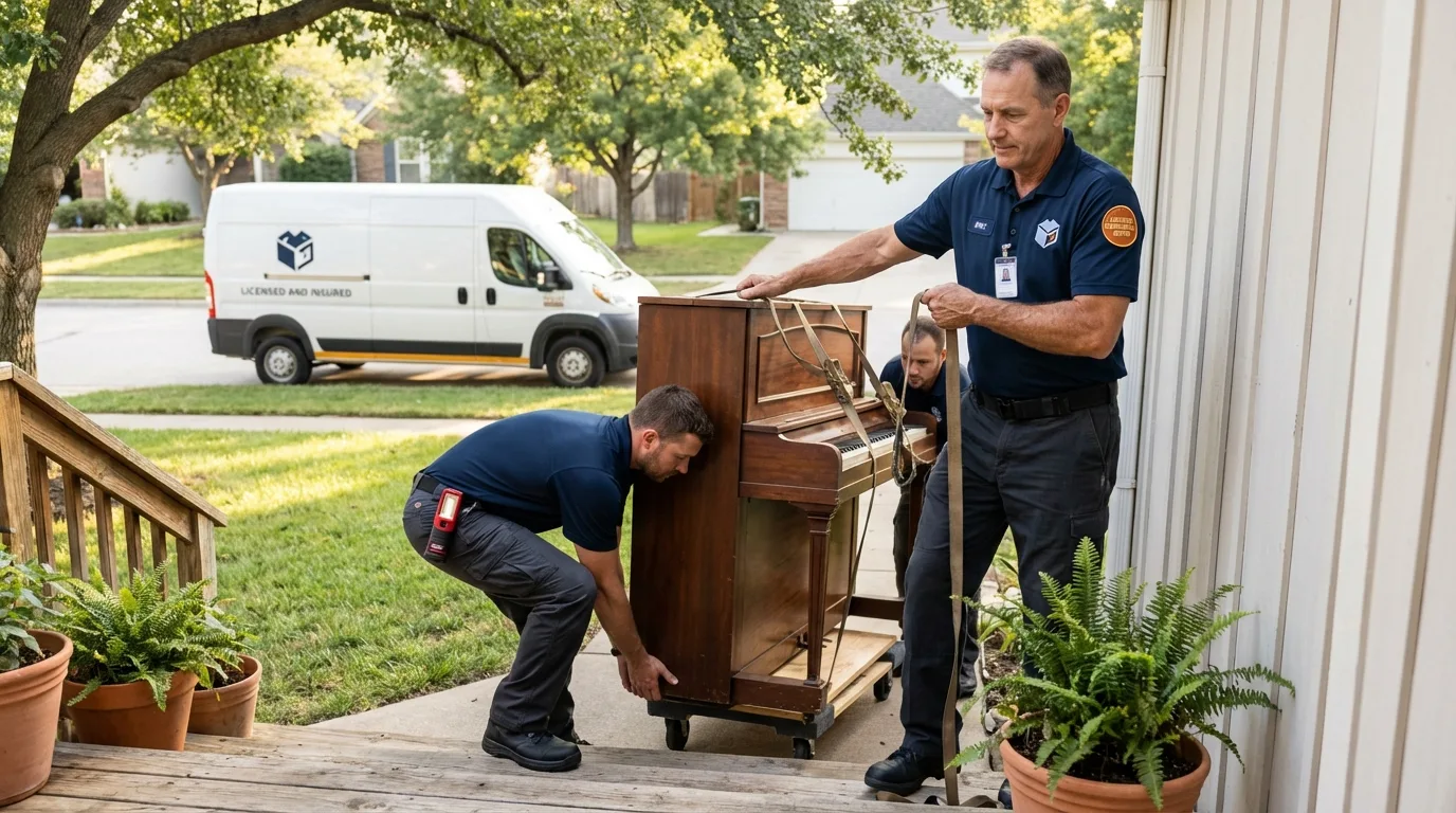 Licensed piano movers securing grand piano in Trujillo Alto, PR