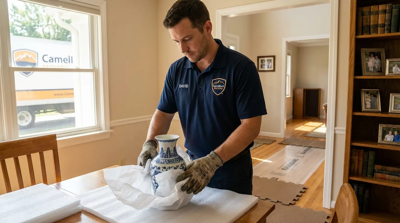 Professional crew carefully wrapping antique vase for senior downsizing move in Trujillo Alto, PR